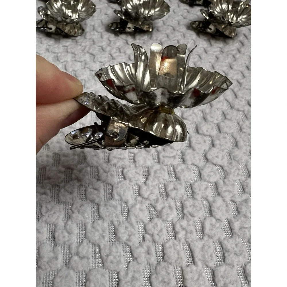 Vtg Silver Tin Christmas Tree Candle Clips Holder‎ Granny MCM Holiday Ornament
